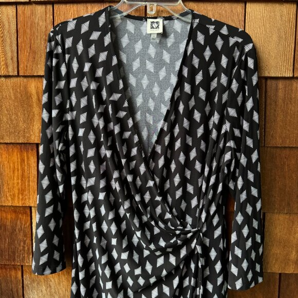 Anne Klein Black/White Geometric Print Stretch Knit Faux Wrap Dress - Women's 16 - Picture 4 of 10